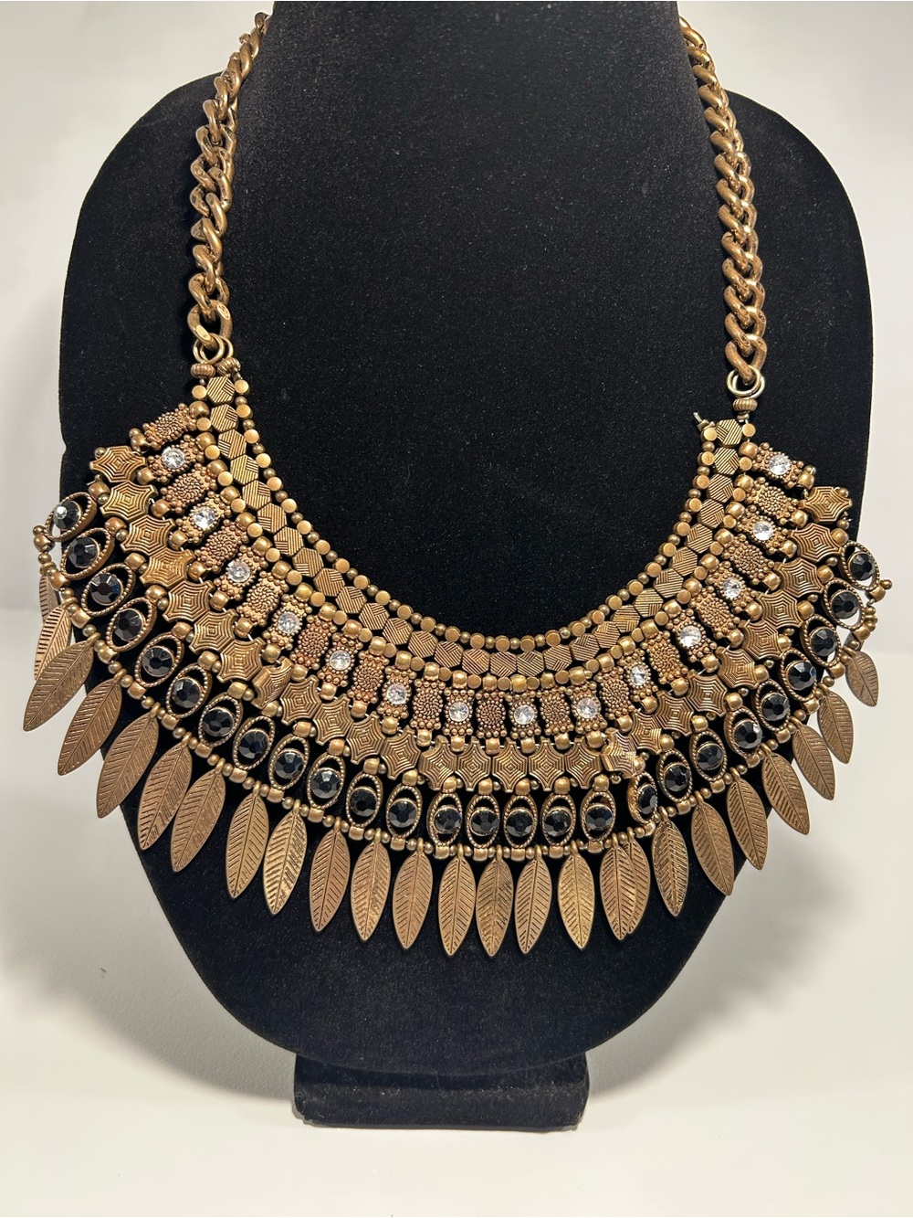 Tribal Bronze Bib Statement Necklace Black Rhinestone Leaf Fringe Boho